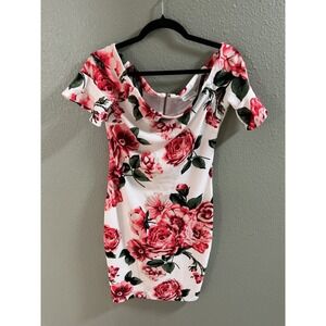 Bisou Bisou Michele Bohbot Red Rose Floral Off Shoulder Bodycon Dress Size 8